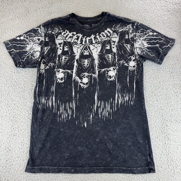 Affliction Shadow Tee Black Lava Wash Y2K All Over Print Grim Reaper Skull Goth‎